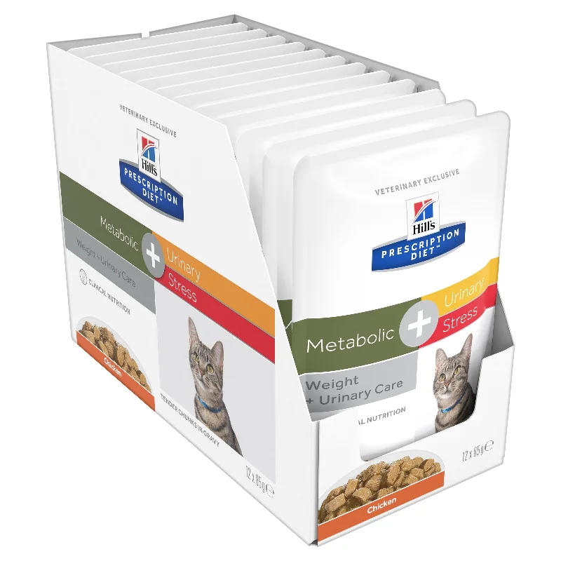 Hills Prescription Diet Cat Urinary Stress Weight and Urinary Care + Metabolic Chicken Wet Food Pouches 85g x 12